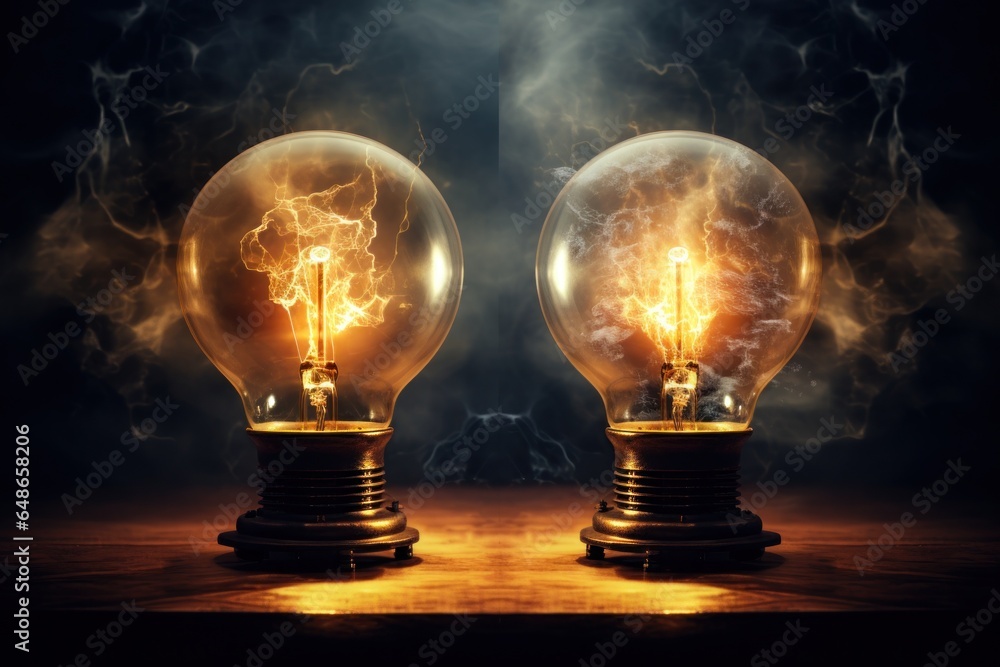 Aufkleber a pair of light bulbs placed on a wooden table. this image can be used to represent creativity, inno
