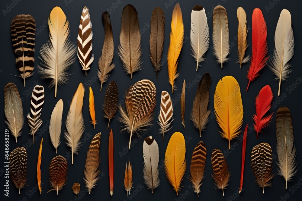 Aufkleber A collection of various colored feathers displayed against a black background. Perfect for adding a vibrant touch to any project or design.