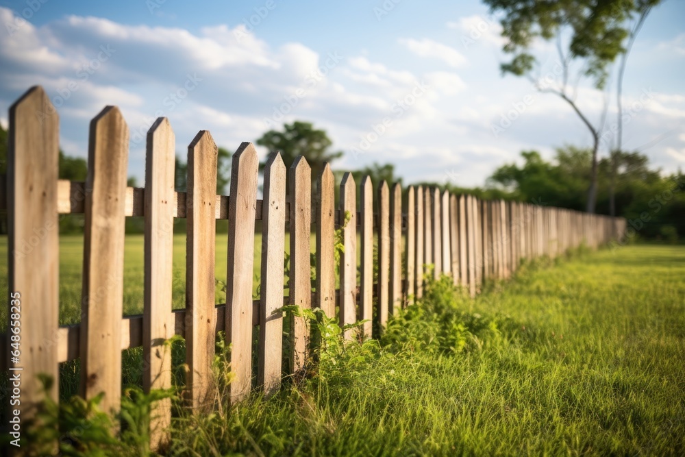 Aufkleber a picture of a wooden fence standing in the middle of a beautiful grassy field. this image can be us