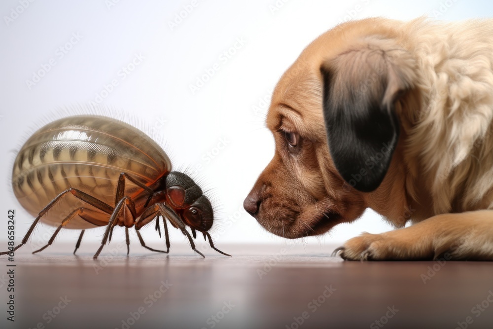 Poster a dog is seen attentively observing a bug on the floor. this image can be used to depict curiosity, 