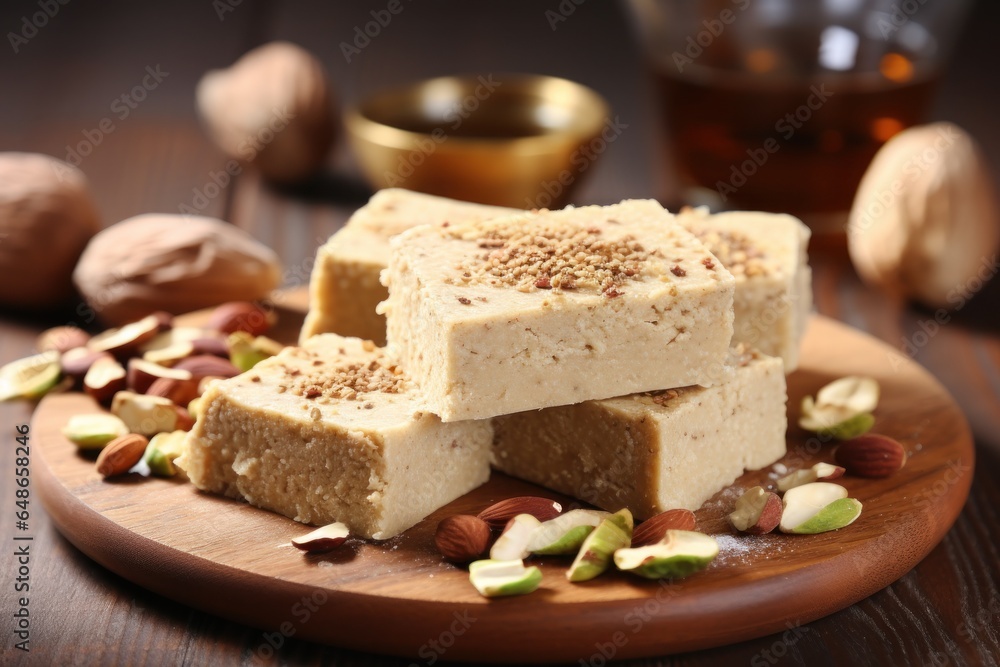 Poster a wooden plate topped with pieces of cake and accompanied by nuts. this versatile image can be used 
