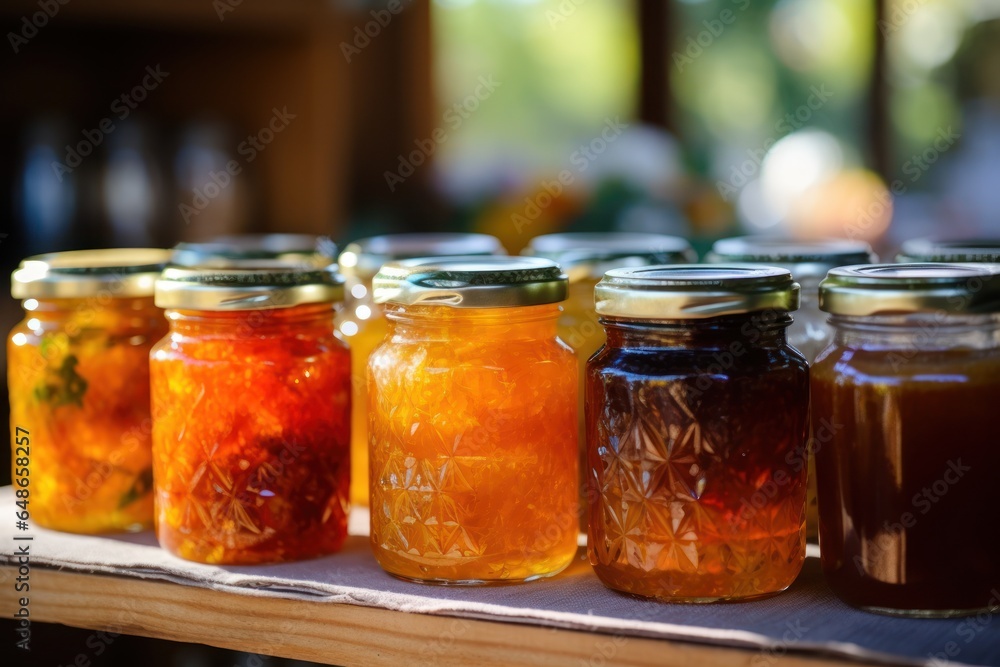 Poster a row of jars filled with different types of preserves. perfect for food and cooking-related project