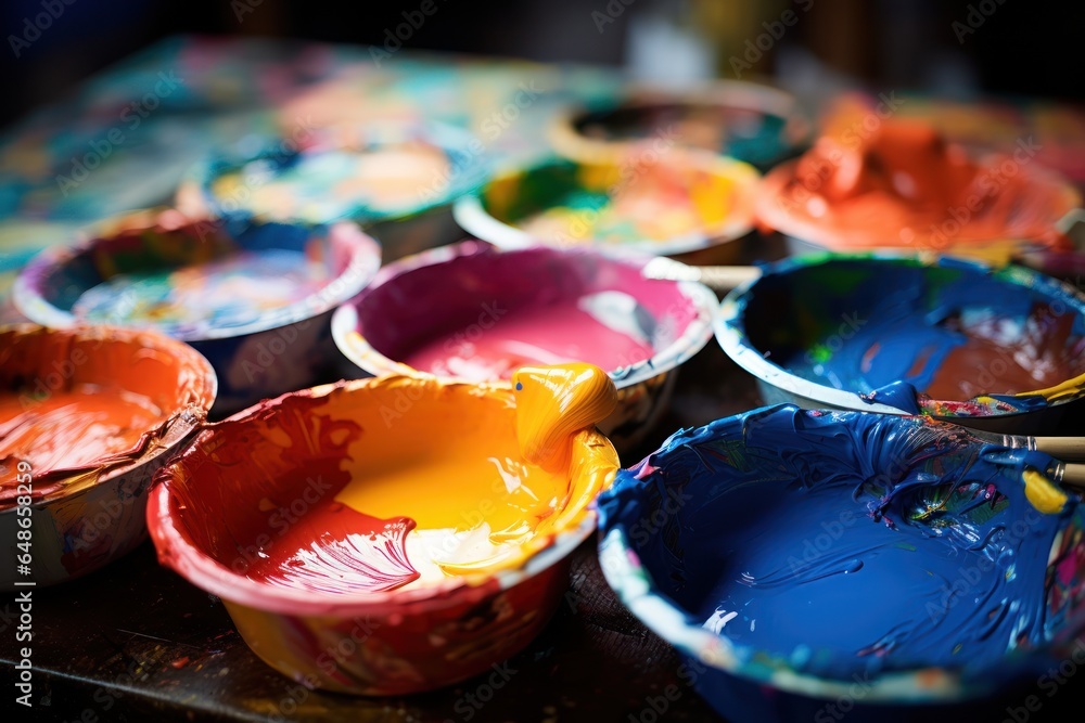 Aufkleber a close-up view of a collection of bowls with colorful paint on them. perfect for creative projects 