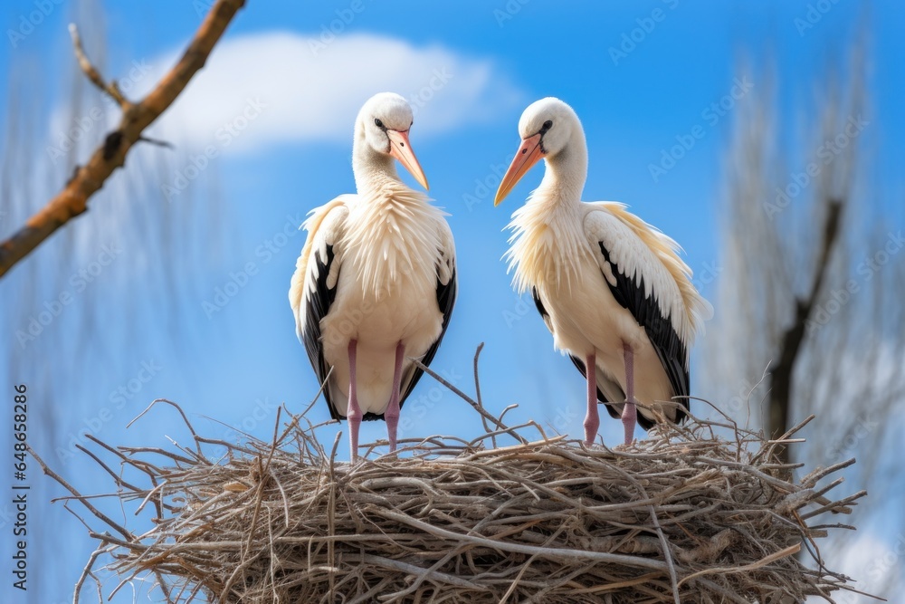 Poster two white storks standing on top of a nest. this image can be used to depict wildlife, nature, or bi