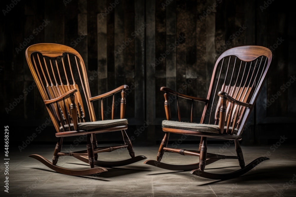 Poster two wooden rocking chairs sitting next to each other. perfect for adding a rustic touch to any outdo