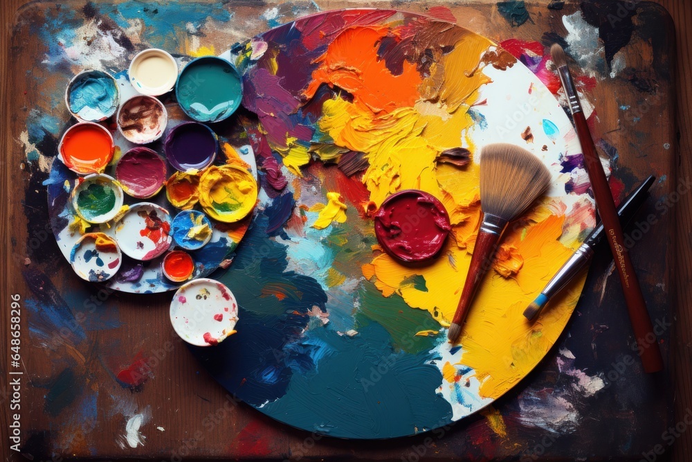Poster a palette with paint and brushes displayed on a wooden table. perfect for artists and art enthusiast