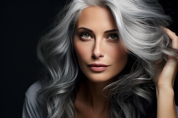 Fototapeta premium A woman with grey hair posing for a picture. This image can be used for various purposes, such as portraying elegance, aging gracefully, or showcasing natural beauty.