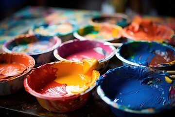 A close-up view of a collection of bowls with colorful paint on them. Perfect for creative projects or home decor ideas. - Powered by Adobe