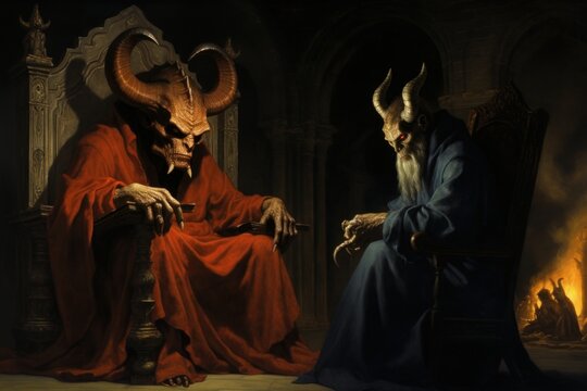 A painting depicting a man sitting in a chair next to a demonic figure. This artwork captures the juxtaposition between good and evil, human and supernatural. It can be used to illustrate themes of te