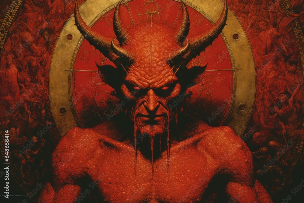 Poster a painting of a demon with menacing horns on his head. this artwork can add an eerie and dark touch 