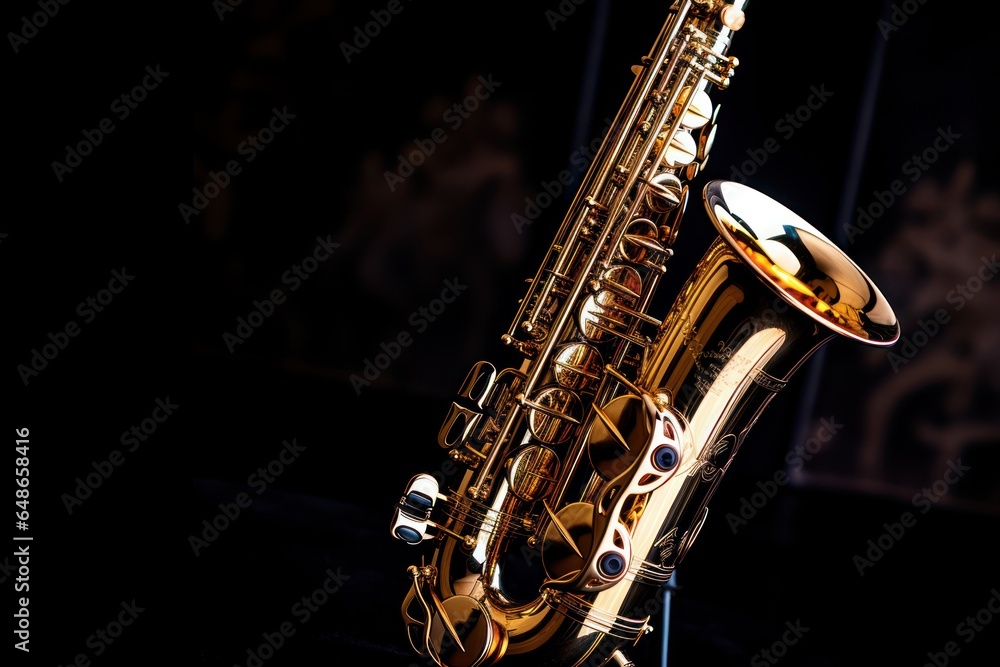 Poster a golden saxophone resting on a stand, ready to be played. this versatile image can be used to repre