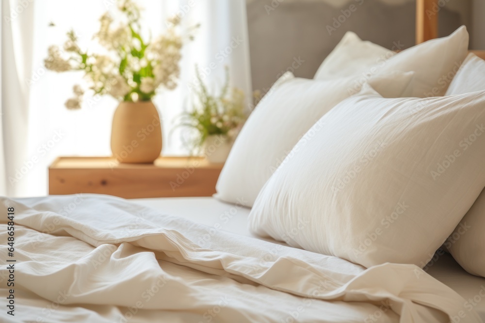 Poster A close-up view of a bed with crisp white sheets and fluffy pillows. This image can be used to showcase the comfort and cleanliness of a hotel room or as a representation of relaxation and coziness in