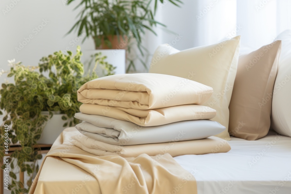 Leinwandbilder a stack of folded sheets sitting on top of a bed. this image can be used to showcase clean linens, b