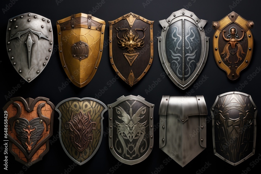 Poster A collection of shields displayed on a wall. This image can be used to depict historical artifacts, medieval decor, or a symbol of protection and strength.