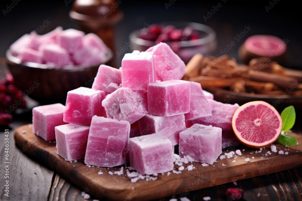 Poster a pile of pink cubes sitting on top of a wooden cutting board. this image can be used to showcase cr