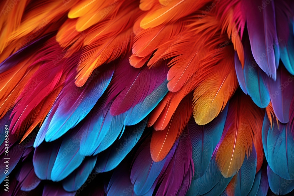 Poster A detailed view of the vibrant and colorful feathers of a bird. This close-up image showcases the intricate patterns and brilliant colors found in the feathers. Perfect for nature enthusiasts, birdwat