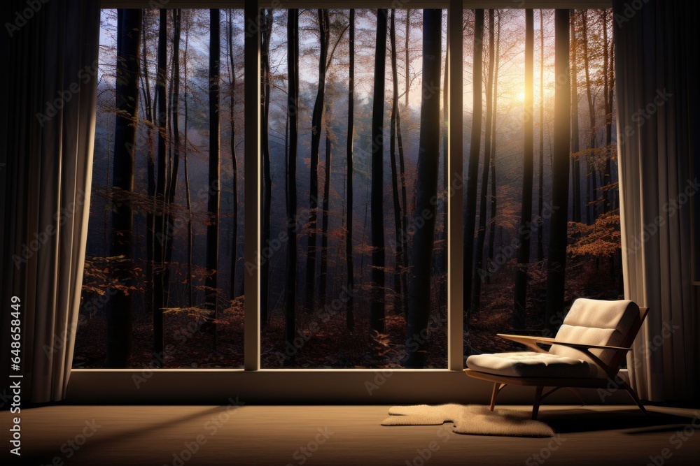 Poster A chair positioned in front of a window in a room. This image can be used to depict relaxation or a cozy reading nook.