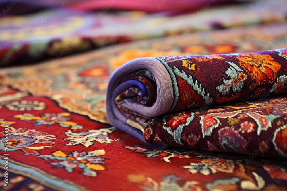 Poster a vibrant pile of colorful rugs stacked on top of each other. perfect for adding a pop of color and 