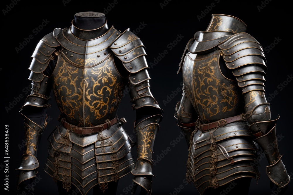 Poster a detailed view of a suit of armor displayed on a mannequin. this image can be used to depict histor