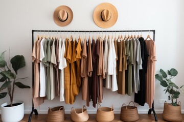 A rack of clothes with hats on top of it. Perfect for fashion stores or photo shoots.