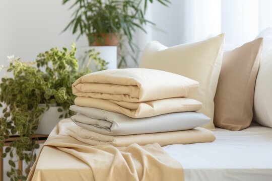 A stack of folded sheets sitting on top of a bed. This image can be used to showcase clean linens, bedroom organization, or household chores.