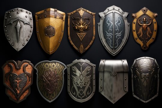 A collection of shields displayed on a wall. This image can be used to depict historical artifacts, medieval decor, or a symbol of protection and strength.