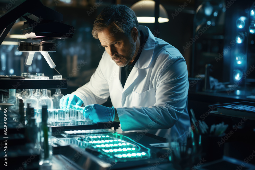 Poster a laboratory technician using a gene editing tool to modify dna for medical research. generative ai.