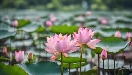 Beautiful pink lotus flower with leaves in the river
