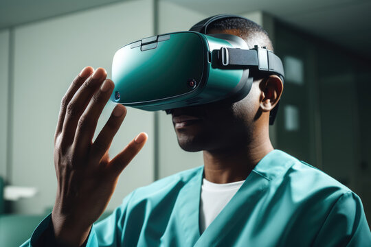 A Close-up Of A Person's Hand Operating A Virtual Reality Headset For Medical Training And Simulations. Generative Ai.