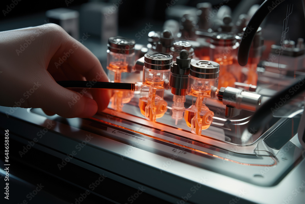 Poster a close-up of a person's hand adjusting settings on a 3d bioprinter to create tissue constructs. gen