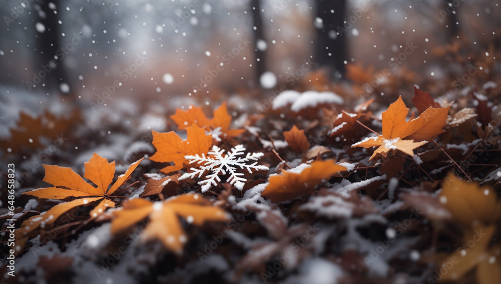 Poster Snowfall's Arrival in the Autumn Forest - AI Generative