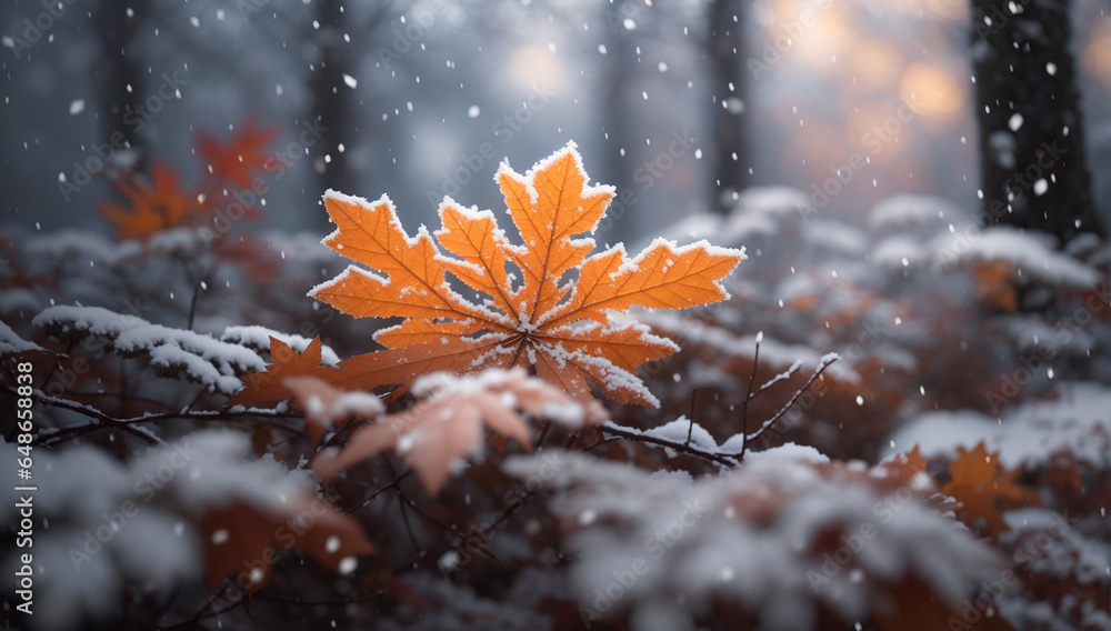 Poster snowfall's arrival in the autumn forest - ai generative