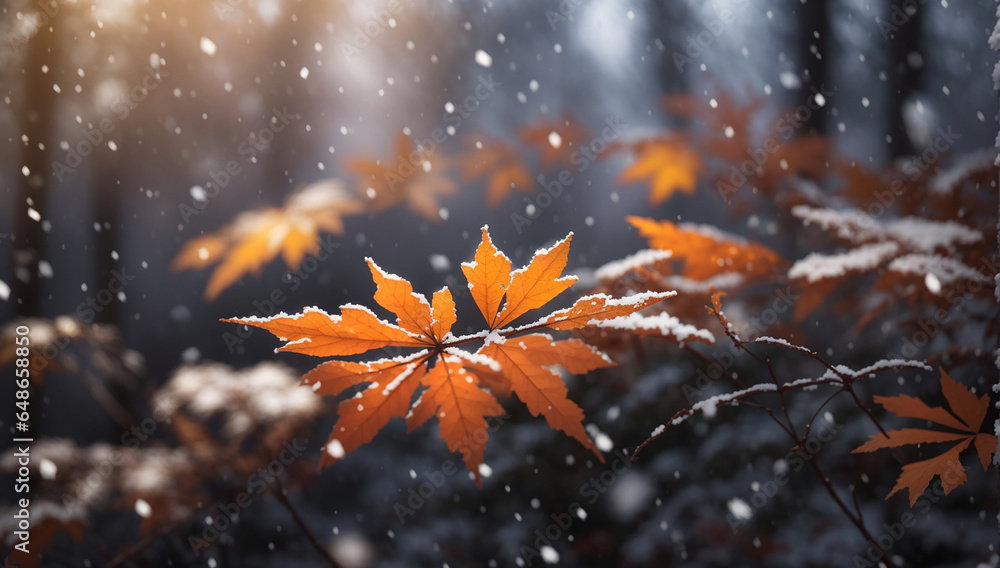 Poster Snowfall's Arrival in the Autumn Forest - AI Generative