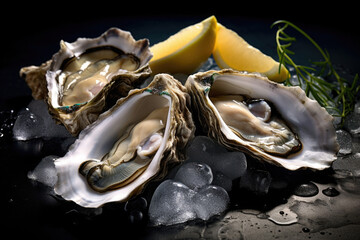 Fresh oysters served with lemon and ice on dark backgorund. Shellfish restaurant meal. Delicious food