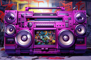 Retro style cassette tape recorder on the street with graffiti. Street dancing using boombox. Youth subculture in the style of 1980s