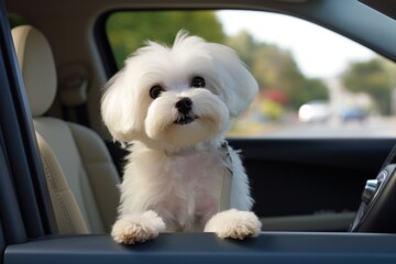 mini cute maltese bichon dog sitting at back of car ready for travel 
