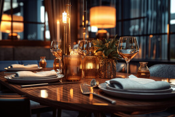 Beautifully decorated table with a plate, wine in a restaurant, room. The concept of celebration, dating, inviting guests. Generative Ai, Ai.