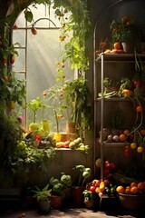 Fototapeta na wymiar Fresh Produce Galore: A Cozy Shop's Fruit and Vegetable Display - AI Generated