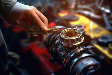 Naklejka premium Replacing or adding oil to a car engine. Car engine care concept, car check and inspection. Generative AI.