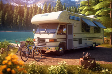 Outdoor camper by the lake. The concept of traveling by car, camper, on your own. Generative AI.