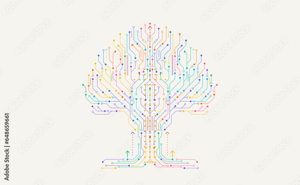 Poster technology big data tree network. digital circuit board internet connection. hi-tech