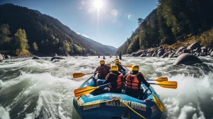  Rafting on large boat on mountain river. Team cohesion, team building © PaulShlykov