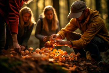 Family picking mushrooms in the woods in autumn - obrazy, fototapety, plakaty