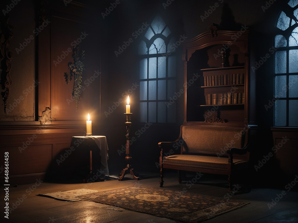 Poster a dark room with a single chair illuminated by candals - ai generative