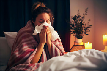 A beautiful sick woman blowing her nose.