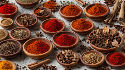 Dry spices in wooden bowls on an old background