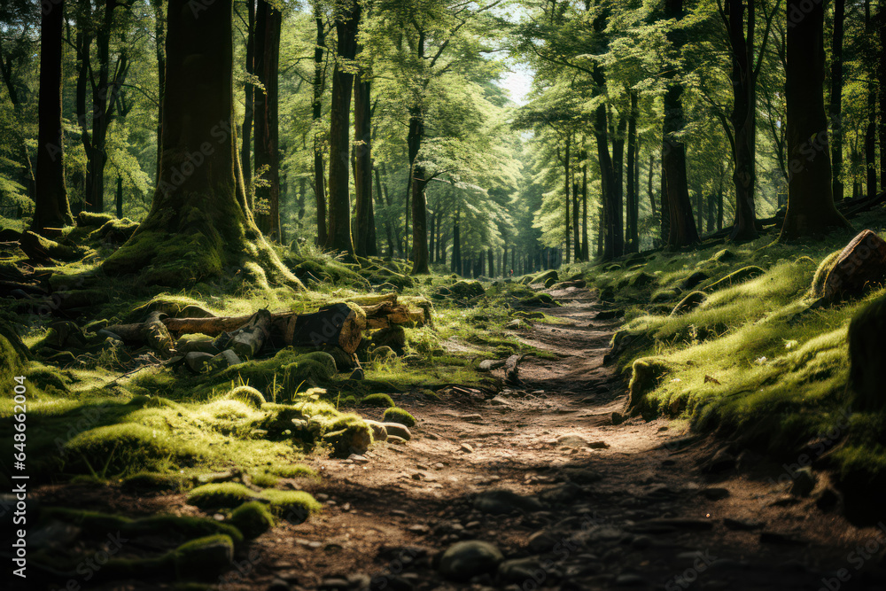 Poster a sunlit forest with rays of light filtering through the canopy and illuminating the ground. generat
