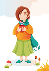 Girl with cup of tea. Cozy Autumn illustration.