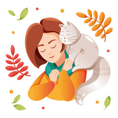 Girl with cat. Cozy Autumn illustration.