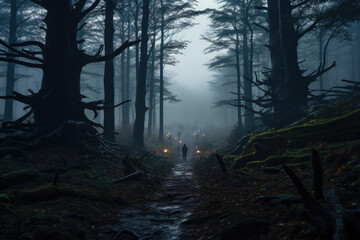 A foggy forest scene with mysterious silhouettes lurking in the background. Generative Ai.